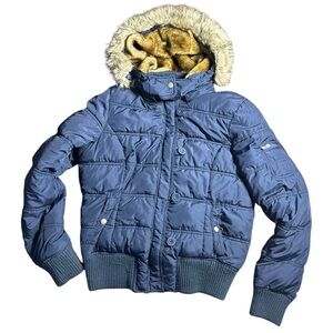 Y2K ▶️ Aeropostale ◀️ Faux Fur Trim Puffer Jacket  Navy Blue. Large.